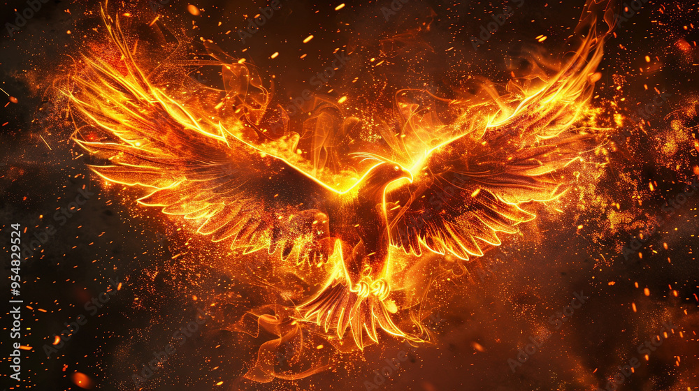 Phoenix bird with spread wings in fire and ashes. Phoenix bird with spread wings in fire and ashes.