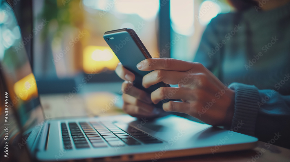 Person Holding Smartphone Next to Open Laptop in Cozy Setting Person Holding Smartphone Next to Open Laptop in Cozy Setting