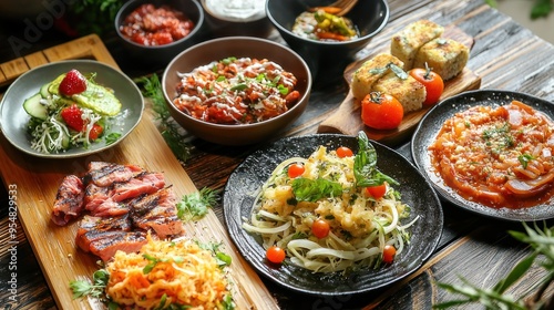 Natural food (various cuisines) Different food cooked on a wooden table Food backgrounds: table filled with large variety of food Table top of food spread on table.