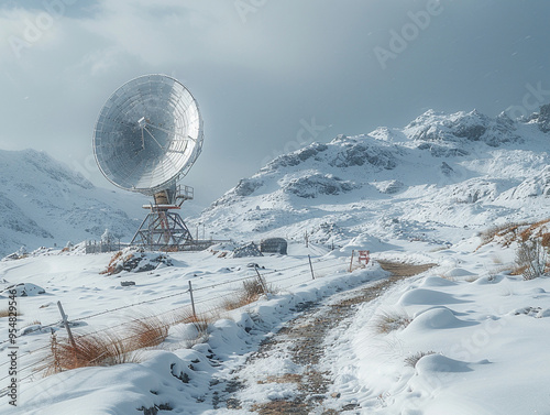 photo of a white radiotelescope antenna in the snow. The center of the radiotelescope atenna is headed towards the photographer. photo