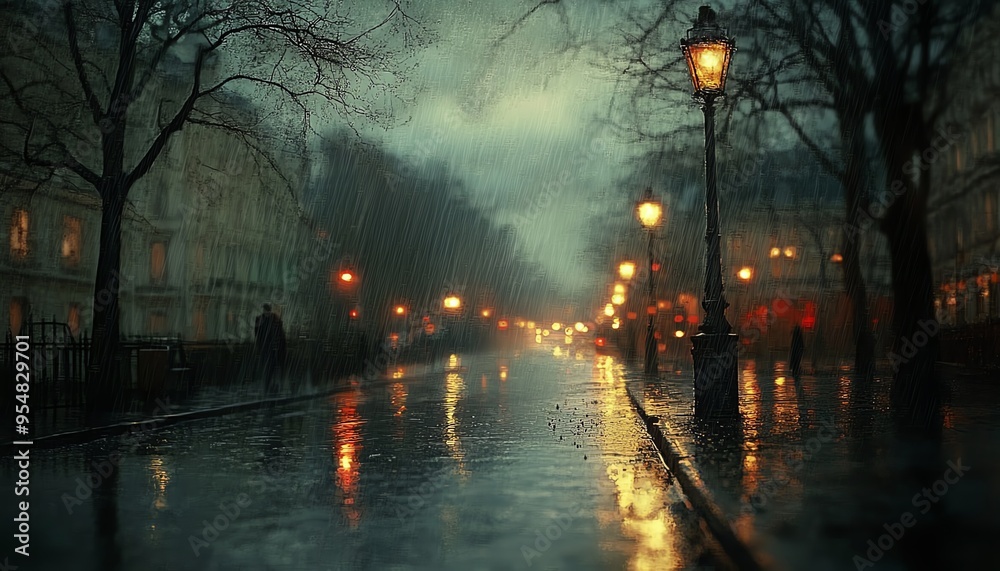 Fototapeta premium Design a rainy mood setting with dark, cloudy skies, steady rainfall, and glistening puddles on the ground, capturing a melancholic and serene ambiance