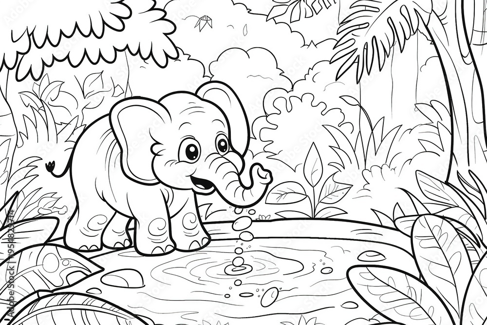 Obraz premium Cute baby elephant drinking water from a pond in a jungle setting with lush vegetation