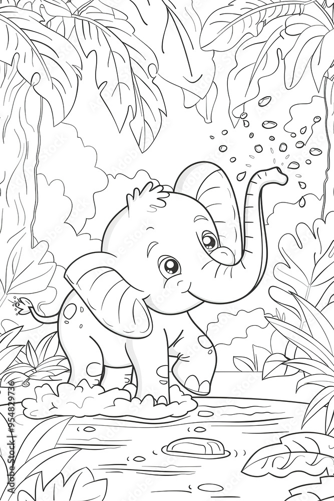 Obraz premium Baby elephant splashing water with its trunk in a jungle setting during a rainfall