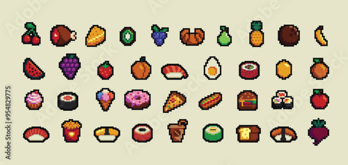 Food pixel art 80s style icons element design stickers, logo, mobile app, menu. Game assets 8-bit sprite sheet. Fast food, seafood, pastries, ice cream, meat, fruit vector illustration.