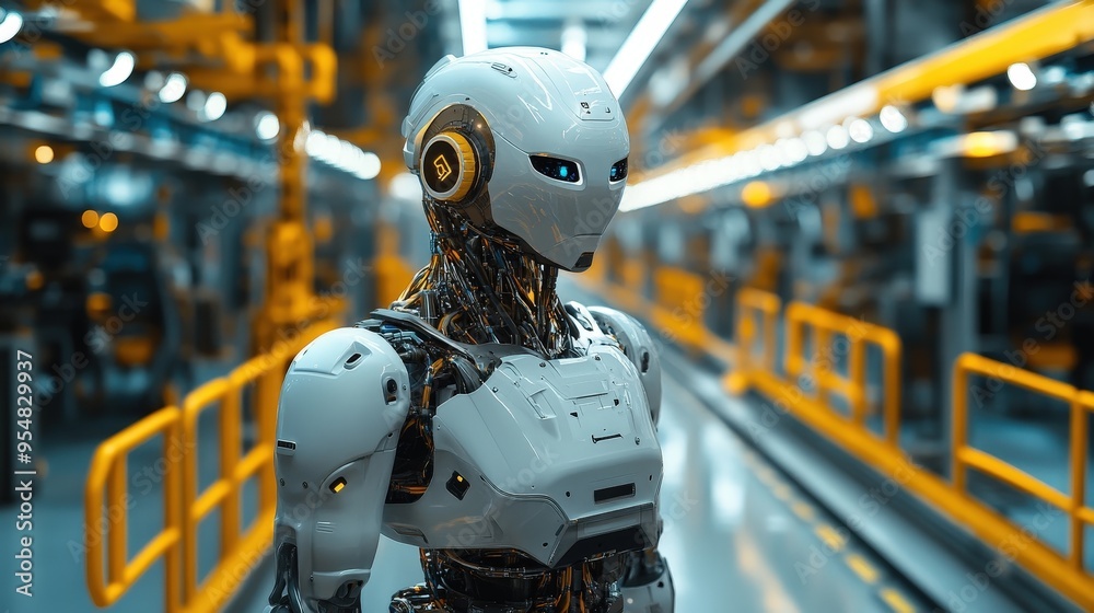 The humanoid robot, featuring intricate circuitry and glowing blue eyes, is positioned in a high-tech industrial setting filled with robotic machinery and bright lighting The humanoid robot, featuring intricate circuitry and glowing blue eyes, is positioned in a high-tech industrial setting filled with robotic machinery and bright lighting