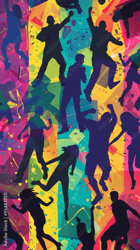 Fototapeta premium poster 70s 80s graphic style with many symbols coloured silhouette with many people dancing 