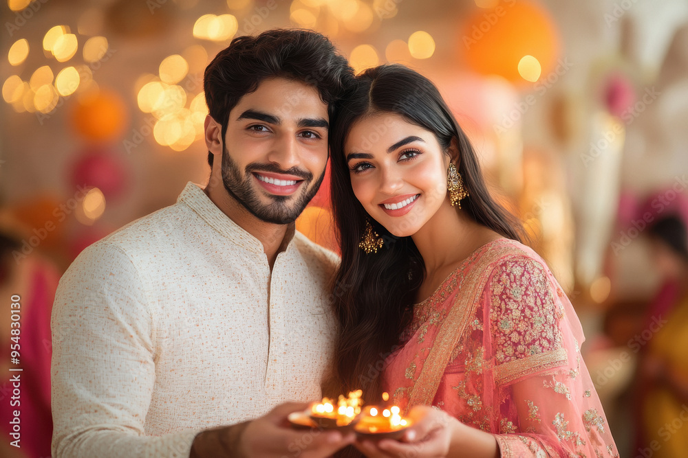 young indian couple celebrating diwali festival young indian couple celebrating diwali festival