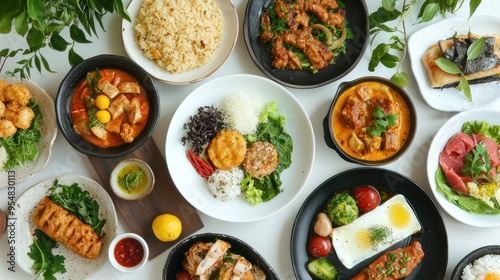 Natural food (various cuisines) Different food cooked on a wooden table Food backgrounds: table filled with large variety of food Table top of food spread on table.