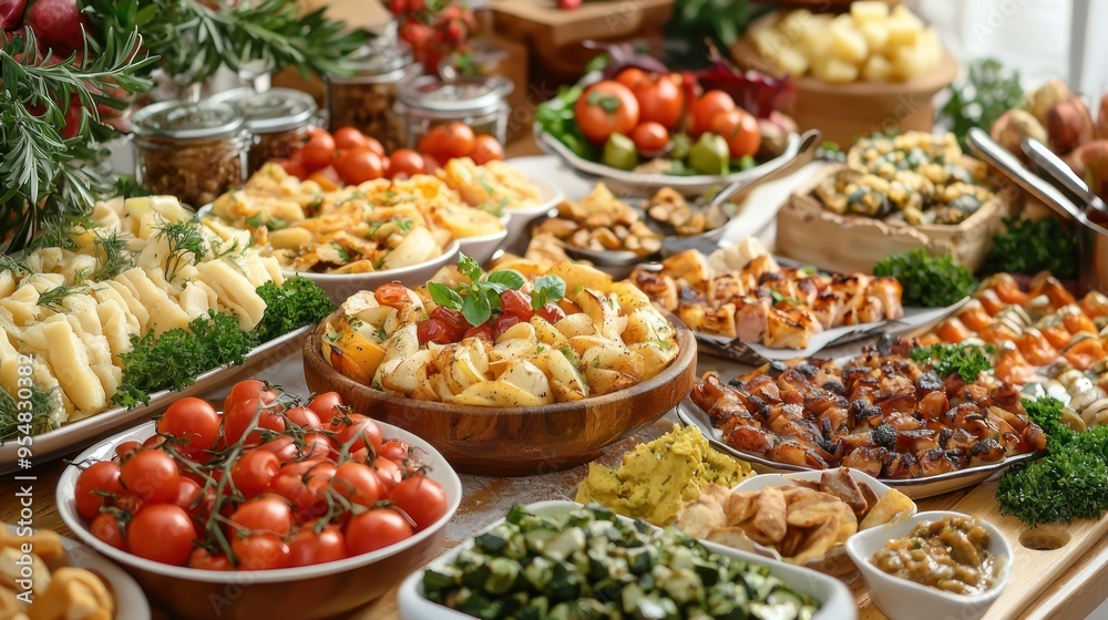 Natural food (various cuisines) Different food cooked on a wooden table Food backgrounds: table filled with large variety of food 
Table top of food spread on table.