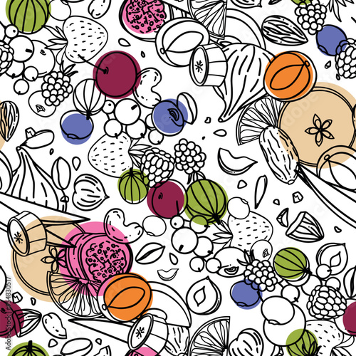 Outline vector seamless pattern with colorful mix of nuts, seeds, fruits and berries in the doodle style on a white background