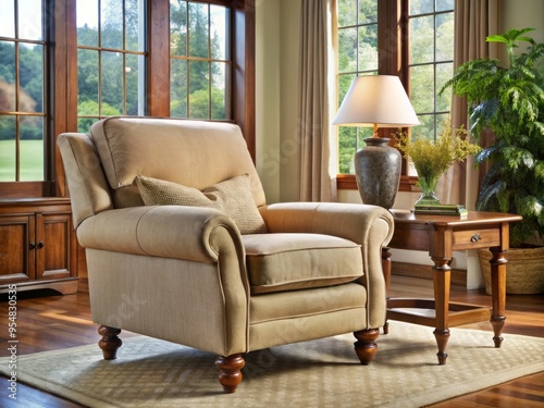 a photo image of a vintage-style wooden chair with rolled arms, soft upholstery, and reclining functionality, situated in a cozy living room setting.