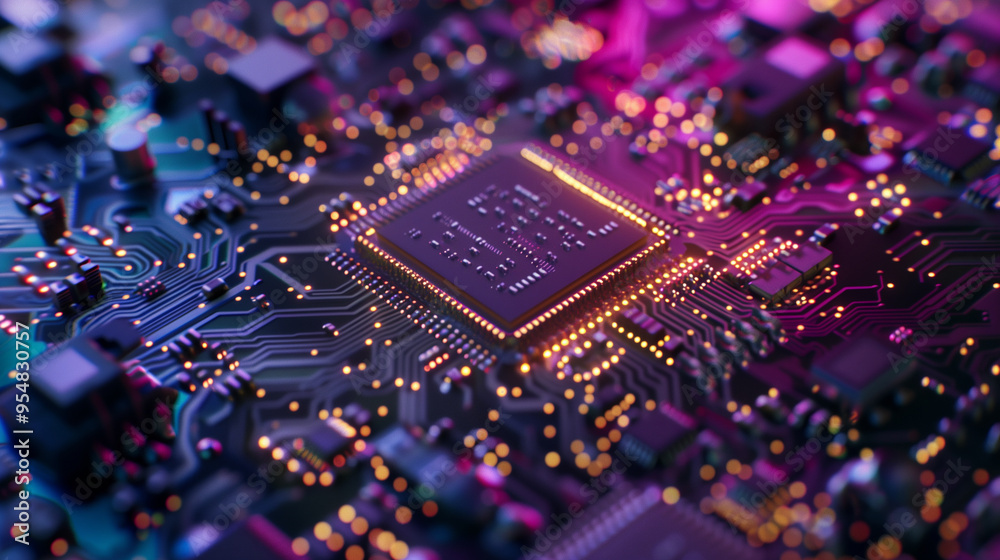 Close-Up of a Glowing Microchip Circuit Board with Neon Lights Close-Up of a Glowing Microchip Circuit Board with Neon Lights