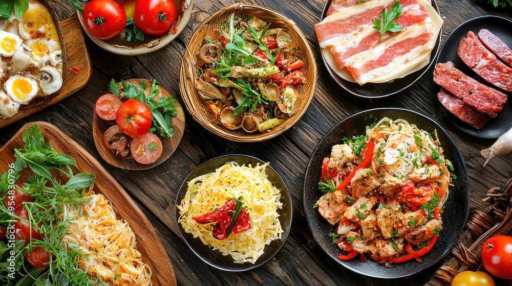 Natural food (various cuisines) Different food cooked on a wooden table Food backgrounds: table filled with large variety of food
Table top of food spread on table. Natural food (various cuisines) Different food cooked on a wooden table Food backgrounds: table filled with large variety of food
Table top of food spread on table.