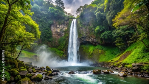 La Fortuna Waterfall after the rain creates a stunning display of power and beauty, with the water crashing against the rocks, surrounded by an aura of mystery.
