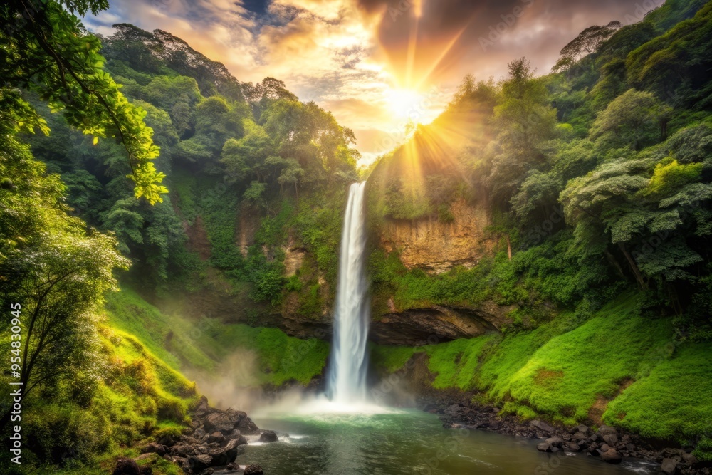 Φωτογραφία La Fortuna Waterfall after the rain stands as a testament to nature's fury and beauty, with the powerful water flow and the lush surroundings bathed in warm, golden light