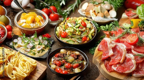 Natural food (various cuisines) Different food cooked on a wooden table Food backgrounds: table filled with large variety of food Table top of food spread on table.