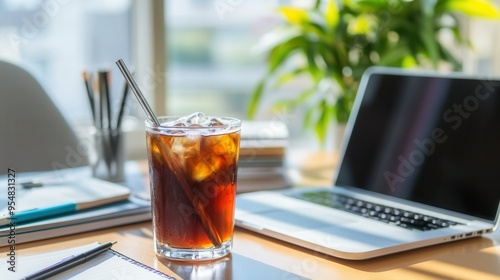 Cold Brew Coffee with Metal Straw on a Modern Office Desk with Laptop and Notebooks - Refreshing Workday Scene. AI generated illustration