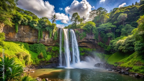 Wailua Falls in the afternoon from a low-angle perspective, emphasizing the grandeur and majesty of the natural wonder.