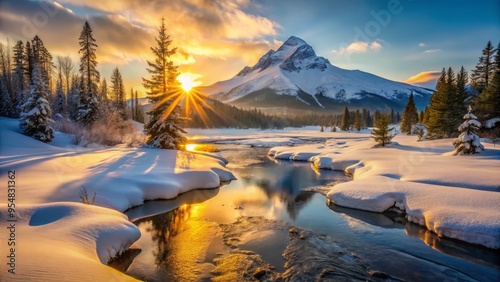 Sunset over a snow-covered mountain, with a few trees and a frozen river, shadows creeping up the mountainside, adding depth to the scene. photo