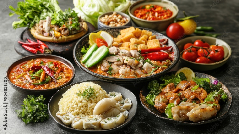 Natural food (various cuisines) Different food cooked on a wooden table Food backgrounds: table filled with large variety of food Natural food (various cuisines) Different food cooked on a wooden table Food backgrounds: table filled with large variety of food
