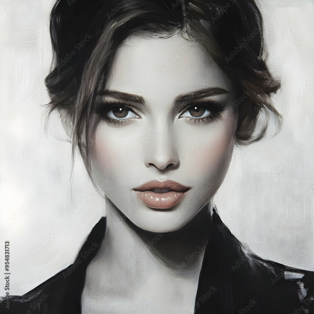Oil painting of a portrait of a beautiful business model in a three-quarter view; The background is a soft white, and the brush strokes are smooth. Oil painting of a portrait of a beautiful business model in a three-quarter view; The background is a soft white, and the brush strokes are smooth.