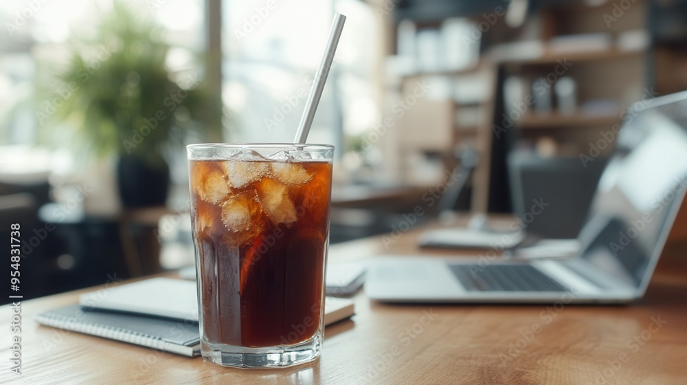Cold Brew Coffee with Metal Straw on a Modern Office Desk with Laptop and Notebooks - Refreshing Workday Scene. AI generated illustration Cold Brew Coffee with Metal Straw on a Modern Office Desk with Laptop and Notebooks - Refreshing Workday Scene. AI generated illustration