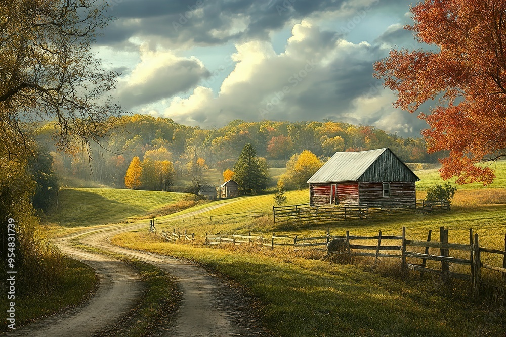 Rustic Red Barn with Winding Country Road and Autumnal Foliage Rustic Red Barn with Winding Country Road and Autumnal Foliage