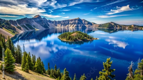 Crater Lake, Oregon, USA (One of the most famous volcanic crater lakes, known for its deep blue color and pristine beauty) in the afternoon, captured from a boat on the lake