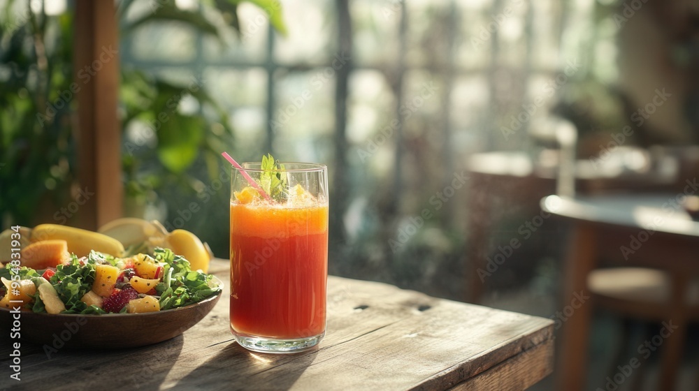 Cold-Pressed Juice and Organic Salad on a Rustic Wooden Table in a Bright Greenhouse. AI generated illustration Cold-Pressed Juice and Organic Salad on a Rustic Wooden Table in a Bright Greenhouse. AI generated illustration