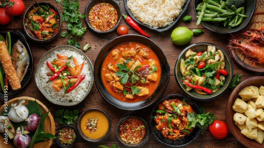 Natural food (various cuisines) Different food cooked on a wooden table Food backgrounds: table filled with large variety of food Natural food (various cuisines) Different food cooked on a wooden table Food backgrounds: table filled with large variety of food