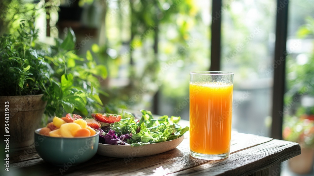 Cold-Pressed Juice and Organic Salad on a Rustic Wooden Table in a Bright Greenhouse. AI generated illustration