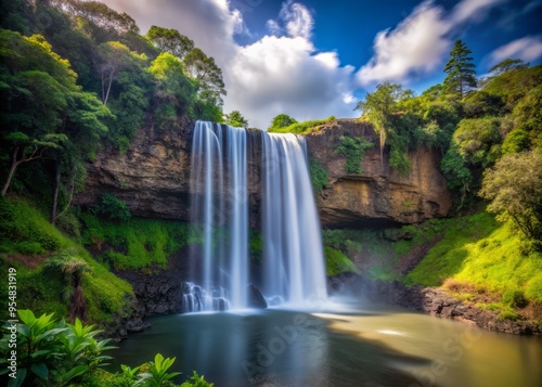 Wailua Falls in the afternoon with a slow shutter speed, blurring the water and creating a sense of ethereal wonder.