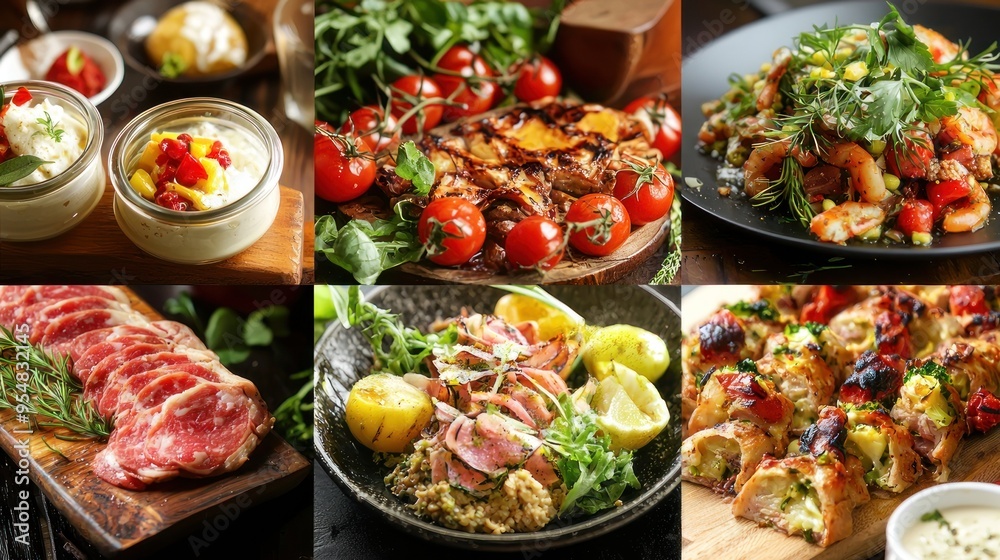 Natural food (various cuisines) Different food cooked on a wooden table Food backgrounds: table filled with large variety of food Natural food (various cuisines) Different food cooked on a wooden table Food backgrounds: table filled with large variety of food