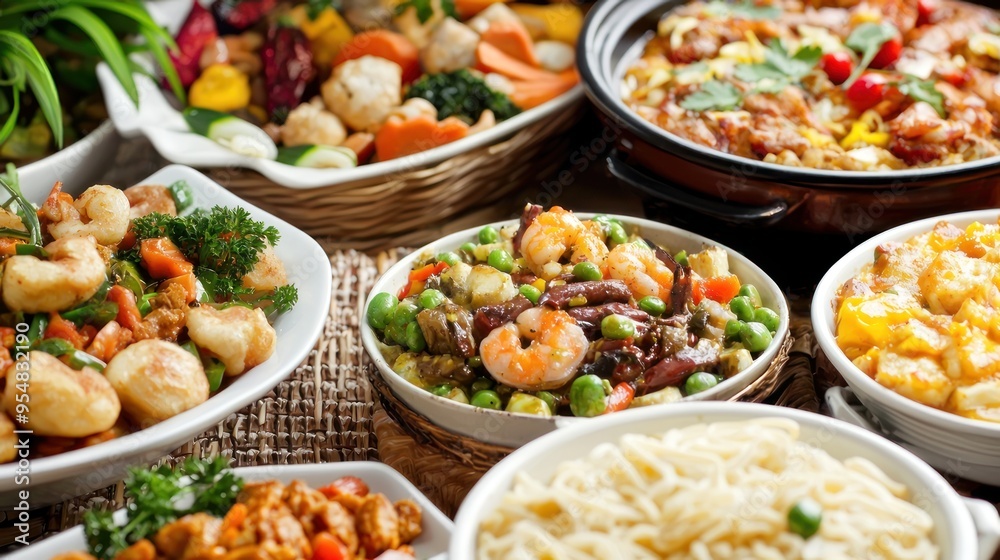 Natural food (various cuisines) Different food cooked on a wooden table Food backgrounds: table filled with large variety of food Natural food (various cuisines) Different food cooked on a wooden table Food backgrounds: table filled with large variety of food