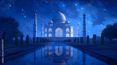 64. **Depict the Taj Mahal with a starry night sky and its reflection shimmering in the surrounding water.**