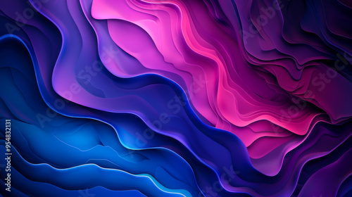 Abstract gradient background. Blue and purple wavy lines. Blue layers. Copy space.