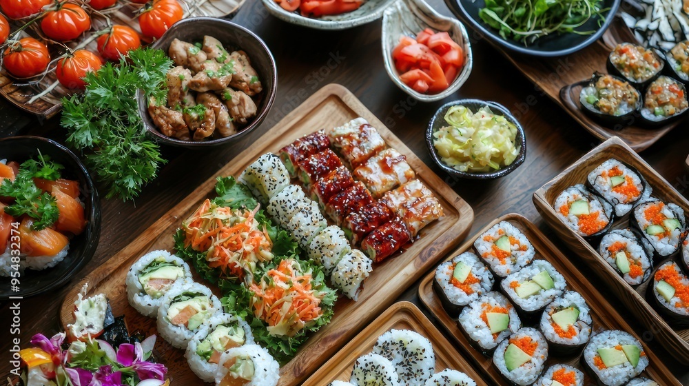 Fototapeta premium Natural food (various cuisines) Different food cooked on a wooden table Food backgrounds: table filled with large variety of food 