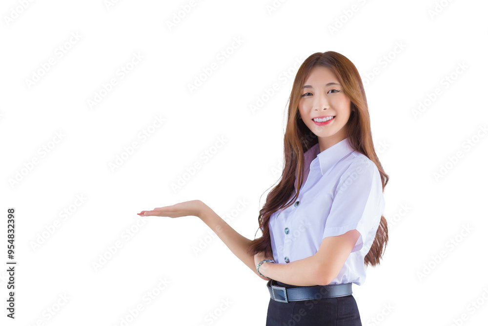 Portrait of an adult Thai student in university student uniform. Asian young woman standing to present something confidently while isolated white background. Portrait of an adult Thai student in university student uniform. Asian young woman standing to present something confidently while isolated white background.