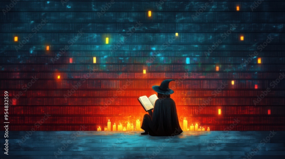 Enchanting Pixel Art Library Scene with Wizard, Ancient Books, and Floating Candles