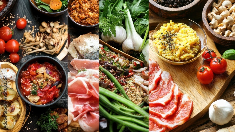 Natural food (various cuisines) Different food cooked on a wooden table Food backgrounds: table filled with large variety of food Natural food (various cuisines) Different food cooked on a wooden table Food backgrounds: table filled with large variety of food