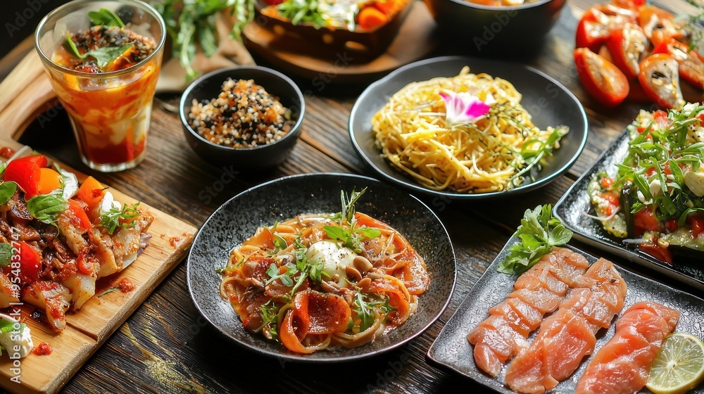 Natural food (various cuisines) Different food cooked on a wooden table Food backgrounds: table filled with large variety of food Natural food (various cuisines) Different food cooked on a wooden table Food backgrounds: table filled with large variety of food
