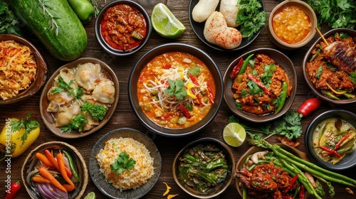 Natural food (various cuisines) Different food cooked on a wooden table Food backgrounds: table filled with large variety of food 