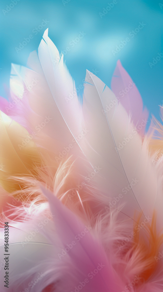 Fototapeta premium white feathers on an white table in the sun, blurry, colorful light, royalty free clipart