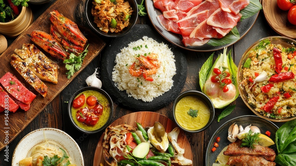 Natural food (various cuisines) Different food cooked on a wooden table Food backgrounds: table filled with large variety of food 