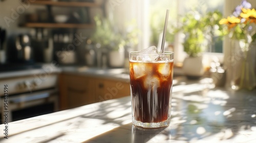 Iced Coffee with Metal Straw on Marble Countertop in Sunlit Kitchen. AI generated illustration