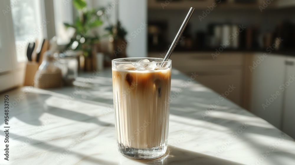 Iced Coffee with Metal Straw on Marble Countertop in Sunlit Kitchen. AI generated illustration Iced Coffee with Metal Straw on Marble Countertop in Sunlit Kitchen. AI generated illustration