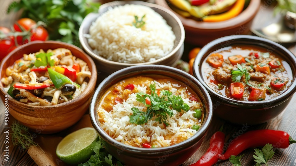Natural food (various cuisines) Different food cooked on a wooden table Food backgrounds: table filled with large variety of food 