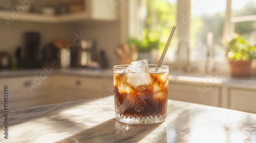 Iced Coffee with Metal Straw on Marble Countertop in Sunlit Kitchen. AI generated illustration