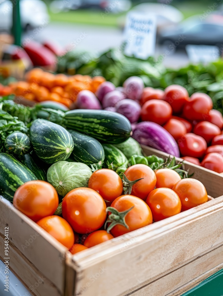 Vibrant assortment of fresh vegetables in a market, showcasing tomatoes, cucumbers, and greens in a wooden crate. Vibrant assortment of fresh vegetables in a market, showcasing tomatoes, cucumbers, and greens in a wooden crate.
