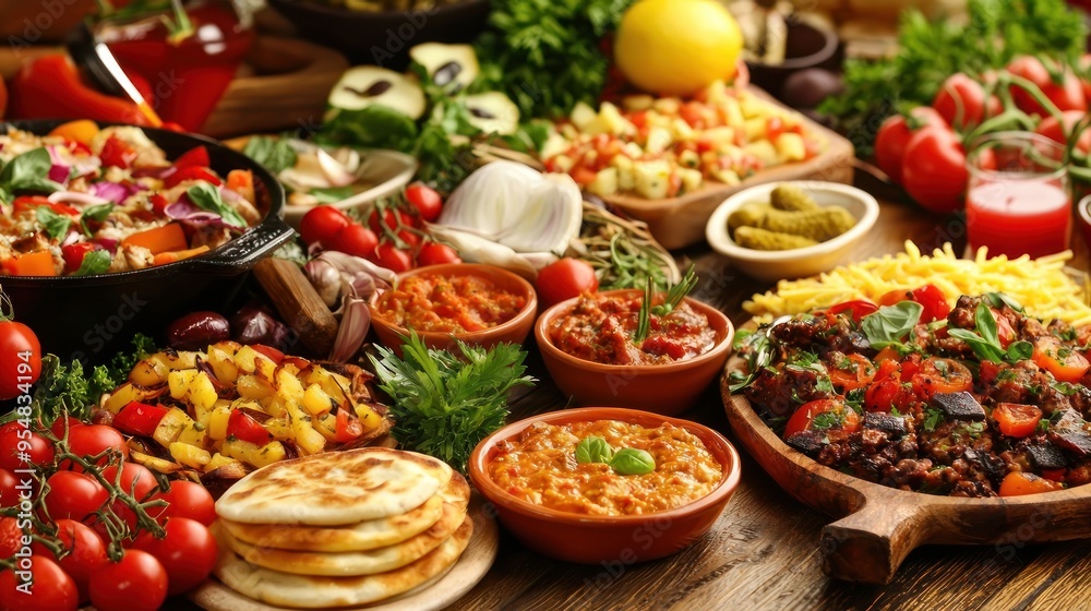Fototapeta premium Natural food (various cuisines) Different food cooked on a wooden table Food backgrounds: table filled with large variety of food 